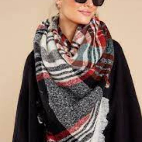 WINTER Holiday Boho BLANKET SCARF Cozy Wrap Red Mint Frey Fringe Shawl 52" X 48" - Picture 11 of 12